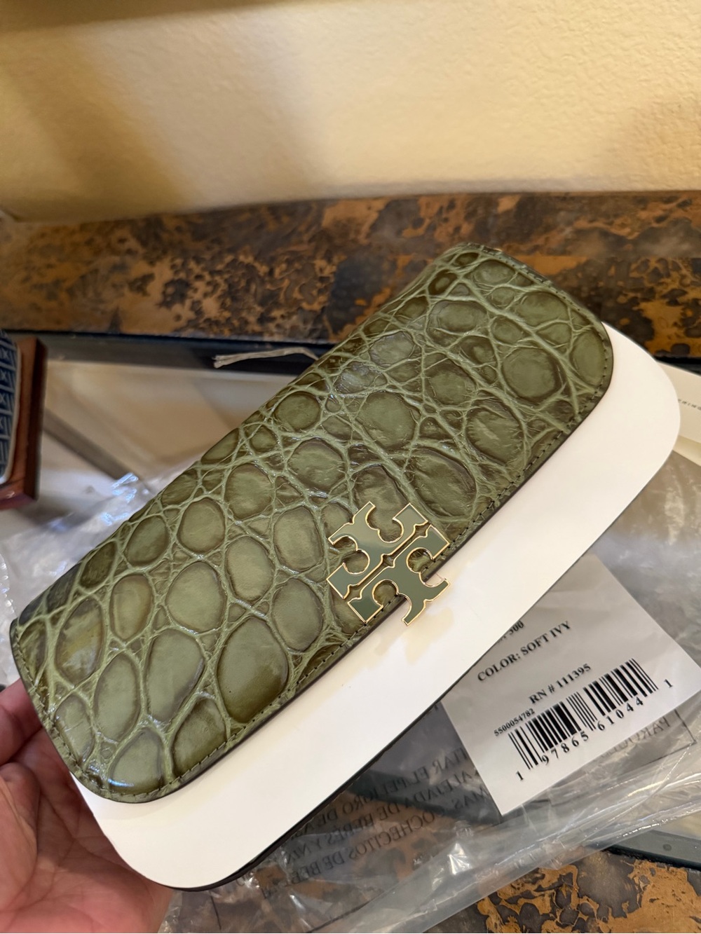 Tory Burch Olive Croc-Embossed Britten Small Shoulder Bag